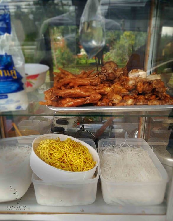 Chicken Feet, Chicken Legs and Boiled Noodles street food from Phuket