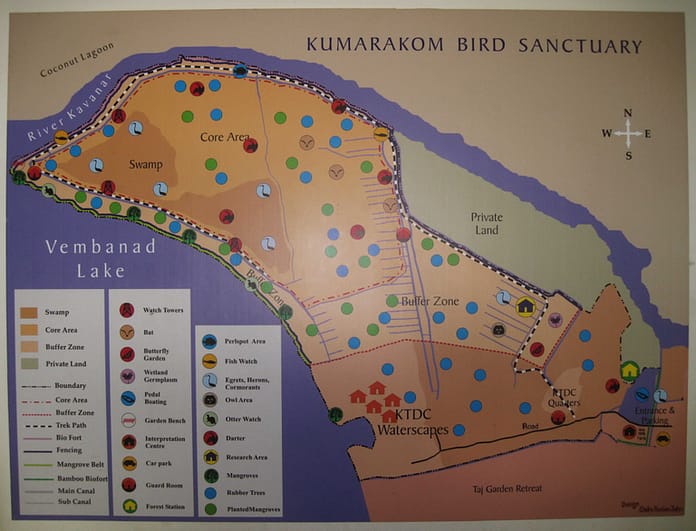 Map of Kumarakom Bird Sanctuary, Kerala